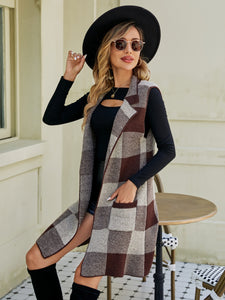 Plaid Lapel Collar Sleeveless Cardigan (multiple color options)