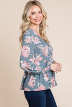 Load image into Gallery viewer, Babydoll Floral Long Sleeve Blouse in Blue
