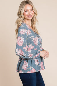 Babydoll Floral Long Sleeve Blouse in Blue