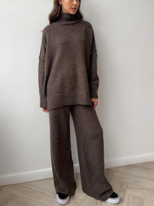 Slit Turtleneck Long Sleeve Top and Pants Sweater Set (multiple color options)