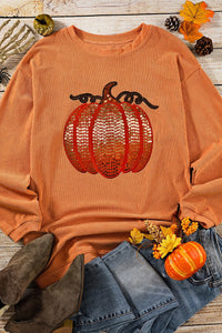 Sequin Pumpkin Round Neck Long Sleeve Sweatshirt (2 color options)