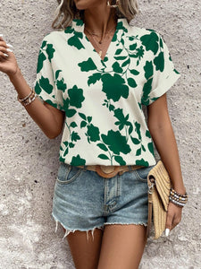 Flower Notched Short Sleeve Blouse (multiple color options)