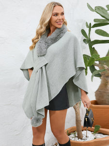 Fuzzy Trim Open Front Poncho (multiple color options)