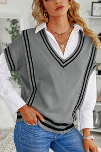 Striped Trim V-Neck Sweater Vest (multiple color options)