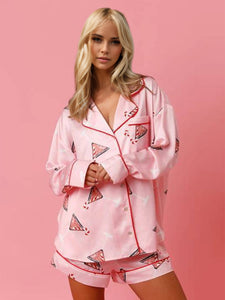 Printed Collared Neck Long Sleeve Top and Shorts Pajama Set (multiple color options)