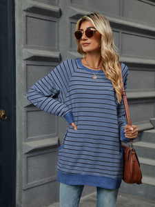 Pocketed Striped Round Neck Long Sleeve T-Shirt (multiple color options)