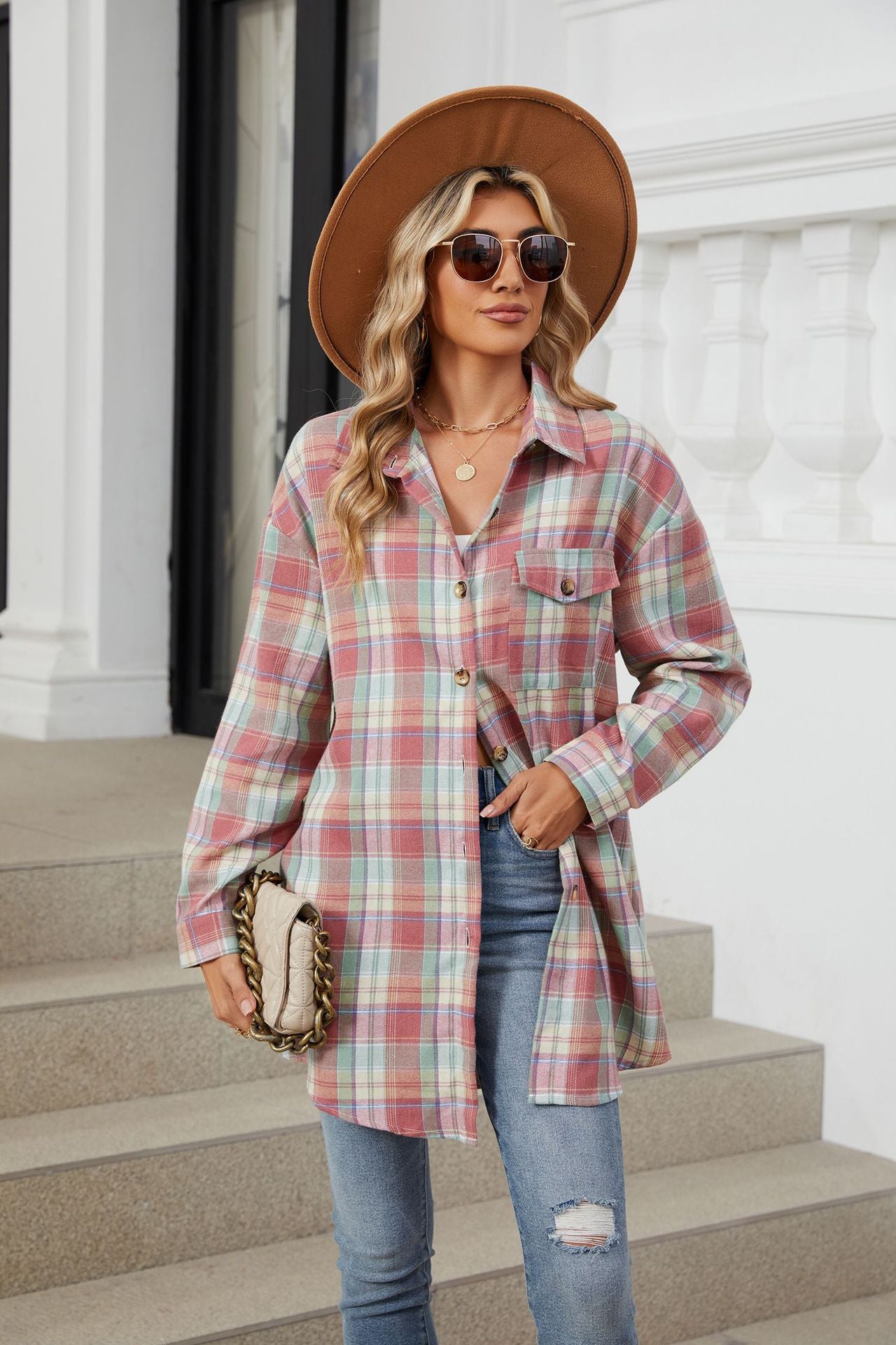 Plaid Collared Neck Long Sleeve Shirt (multiple color options)