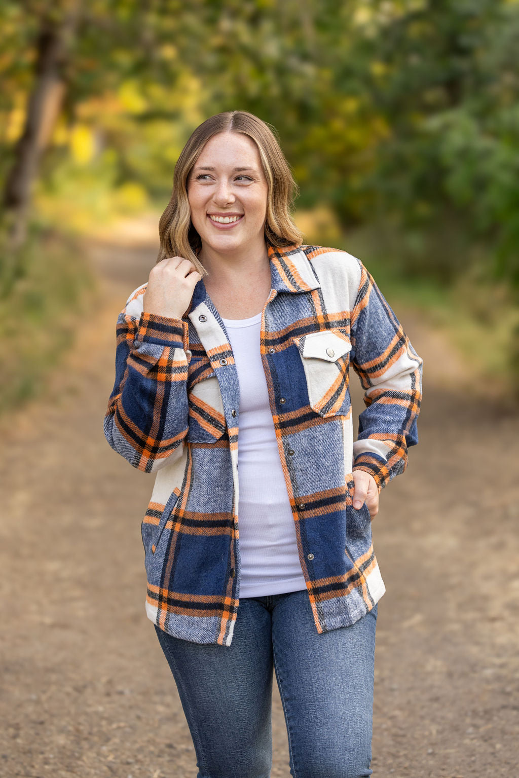 Norah Plaid Shacket - Navy and Orange