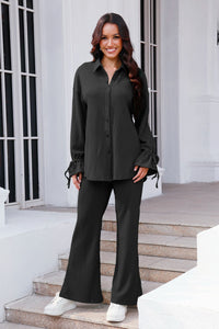 Drawstring Flounce Sleeve Shirt and Pants Set (multiple color options)