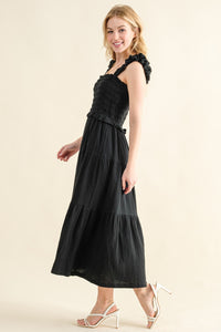 Smocked Ruffled Tiered Dress in Black