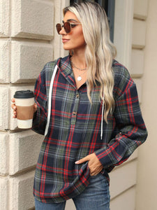 Drawstring Plaid Hooded Long Sleeve Top (multiple color options)