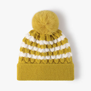 Striped Contrast Knit Hat with Pom-pom (multiple color options)