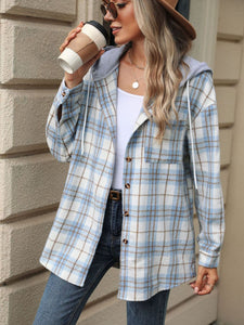 Drawstring Plaid Button Up Hooded Jacket (multiple color options)