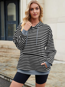 Drawstring Contrast Striped Long Sleeve Hoodie (multiple color options)