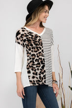 Load image into Gallery viewer, Front Leopard and Striped Print V-Neck T-Shirt
