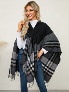 Fringe Contrast Plaid Poncho (multiple color options)