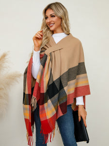 Fringe Contrast Plaid Poncho (multiple color options)