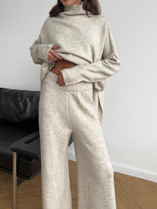 Slit Turtleneck Long Sleeve Top and Pants Sweater Set (multiple color options)