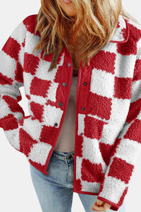 Checkered Snap Down Long Sleeve Teddy Jacket  (multiple color options)