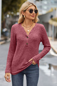 Ribbed Half Button Long Sleeve Knit Top (multiple color options)