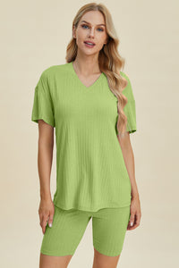 Ribbed V-Neck Short Sleeve Top and Shorts Set (multiple color options)