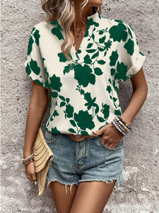 Flower Notched Short Sleeve Blouse (multiple color options)