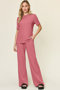 Round Neck Short Sleeve T-Shirt and Wide Leg Pants Set (multiple color options)