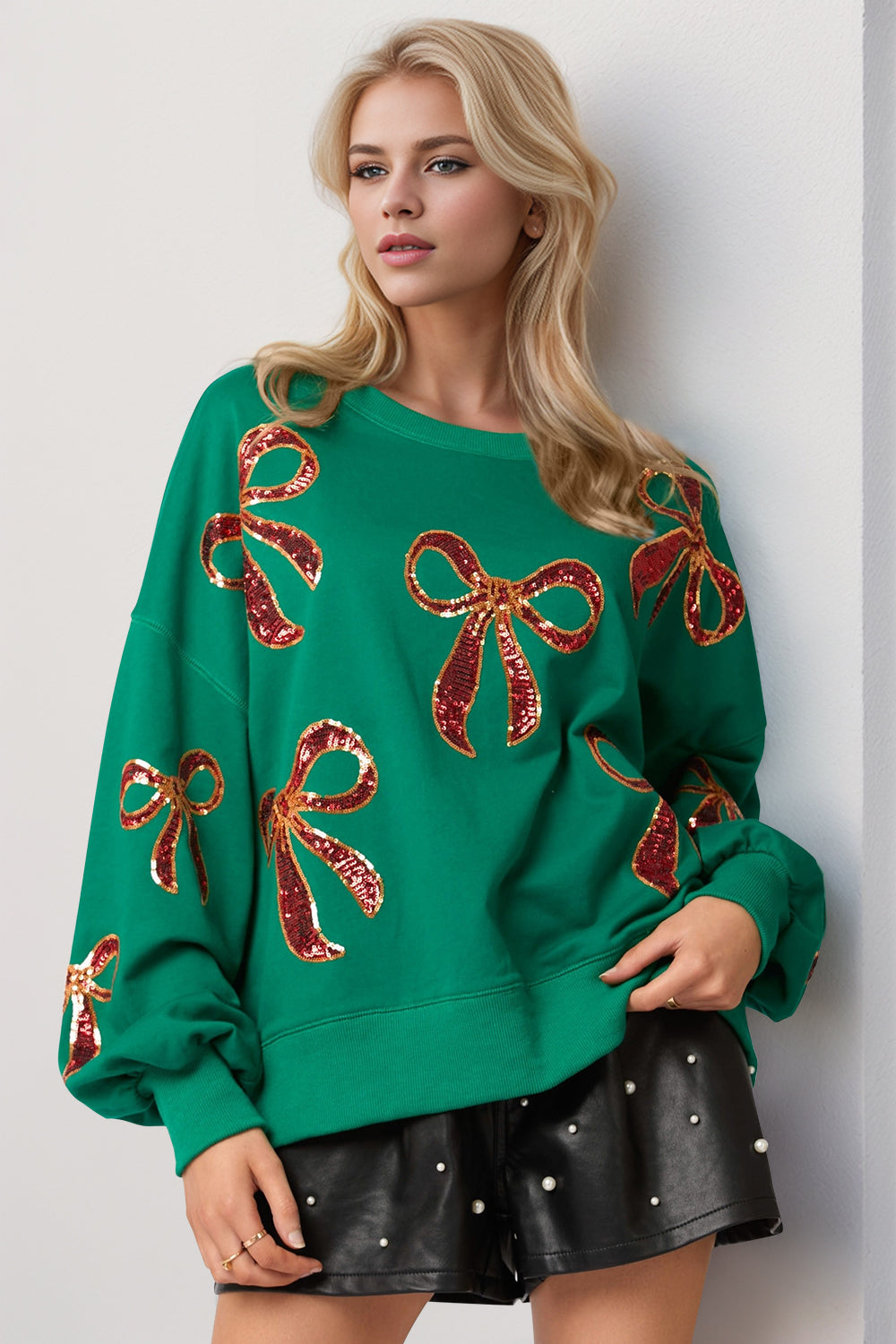 Christmas Bow Sequin Round Neck Dropped Shoulder Sweatshirt (multiple color options)