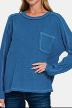 Load image into Gallery viewer, Contrast Stitching Brushed Ribbed Hacci Knit Top in Royal Blue
