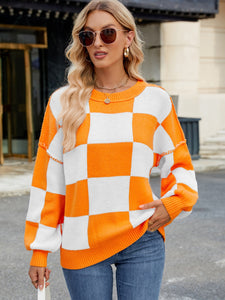 Checkered Round Neck Long Sleeve Sweater (multiple color options)