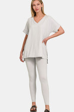 Load image into Gallery viewer, V-Neck Rolled Short Sleeve T-Shirt and Leggings Lounge Set in Lt Cement
