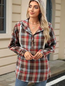 Drawstring Plaid Hooded Long Sleeve Top (multiple color options)