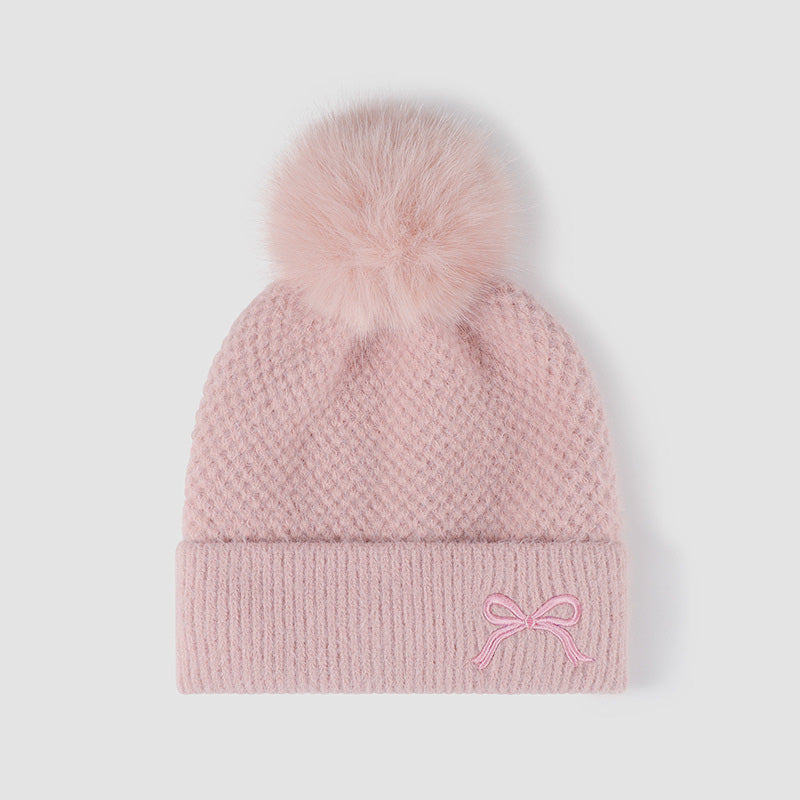 Thermal Bow Knit Hat with Pom-pom (multiple color options)