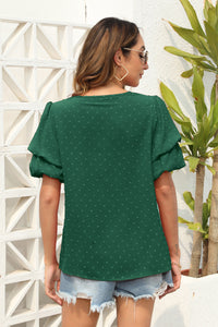 Swiss Dot V-Neck Short Sleeve Blouse  (multiple color options)