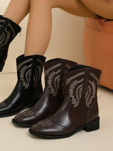 Load image into Gallery viewer, Embroidered PU Leather Block Heel Boots (2 color options)
