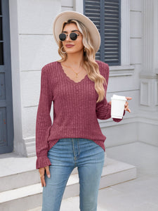 Lace Detail V-Neck Long Sleeve Top (multiple color options)