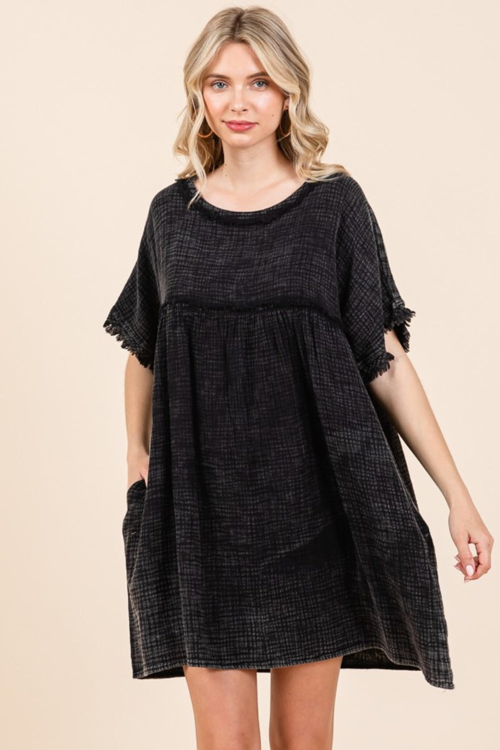 Short Sleeve Babydoll Texture Dress with Pockets