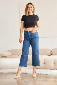 RFM "Chloe" Tummy Control High Waist Cropped Wide Leg Raw Hem Jeans in Blue Slate