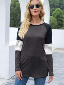 Contrast Striped Round Neck Long Sleeve T-Shirt (multiple color options)