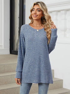 Ribbed Round Neck Long Sleeve Top (multiple color options)