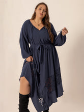 Load image into Gallery viewer, Plus Size Lace Detail Tie Neck Long Sleeve Midi Dress
