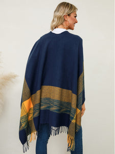 Fringe Contrast Plaid Poncho (multiple color options)