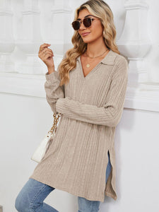 Slit Johnny Collar Long Sleeve Top (multiple color options)