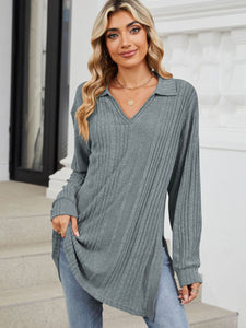 Slit Johnny Collar Long Sleeve Top (multiple color options)