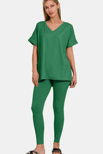 Load image into Gallery viewer, V-Neck Rolled Short Sleeve T-Shirt and Leggings Lounge Set in Forest
