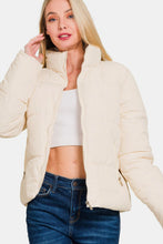 Load image into Gallery viewer, Zip Up Turtleneck Puffer Jacket with Pockets in Cream
