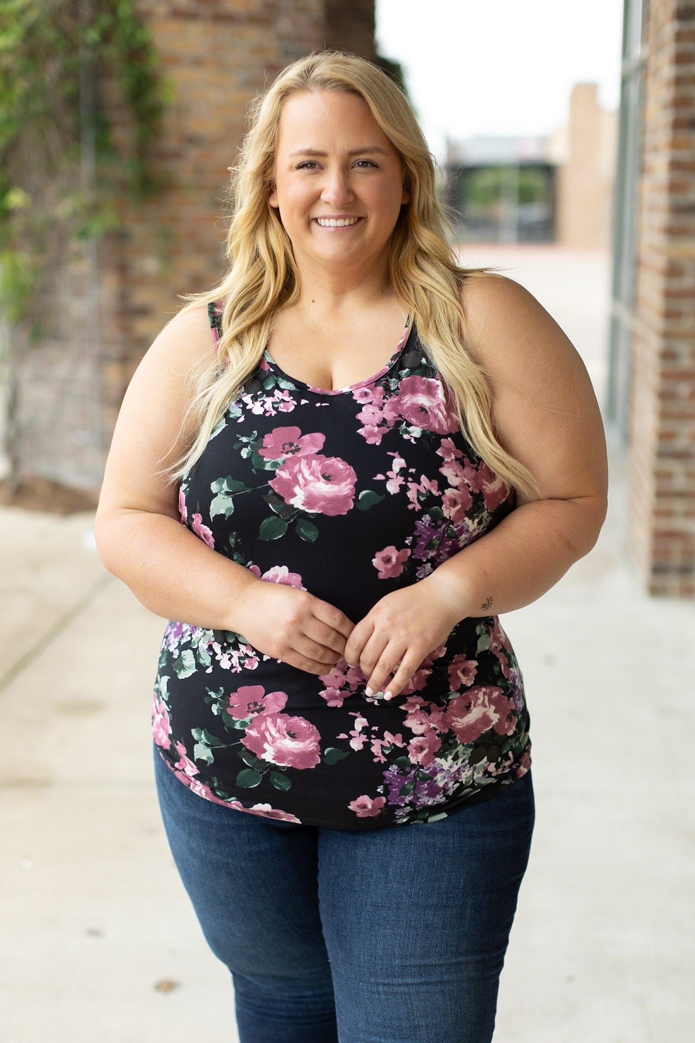 Luxe Crew Tank - Black and Mauve Floral | Women's Tank Top