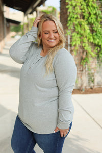 Brielle Henley Ribbed Long Sleeve Top - Light Grey