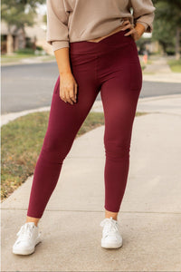 The Molly - MAROON Crossover Full Length Leggings with Pockets  - Luxe by Julia Rose®