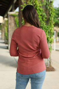 Brielle Henley Ribbed Long Sleeve Top - Terra Cotta